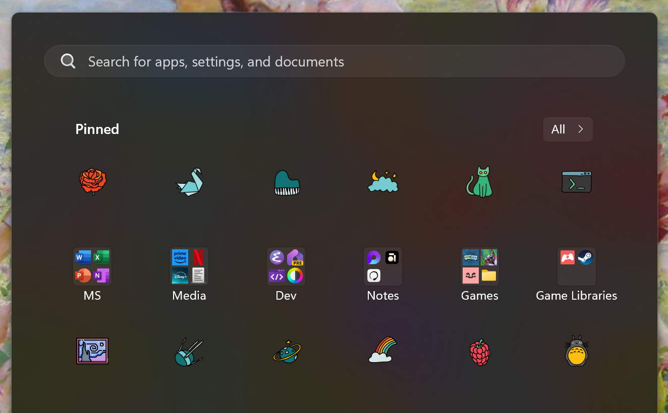 Start Menu with custom icons